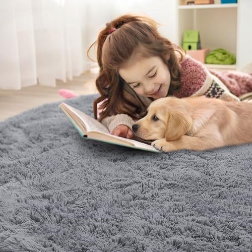 OLANLY Light Grey Round Rugs for Bedroom - Machine Washable, 4 ft Circle Area Rugs for Living Room, Soft and Fluffy