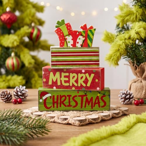Lineshading 4 Pcs Christmas Table Decor - Red Green Gift Box Wooden Blocks