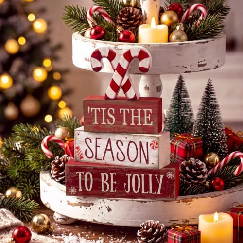Lineshading 4 Pcs Christmas Table Decorations, Red White Candy Wood Signs