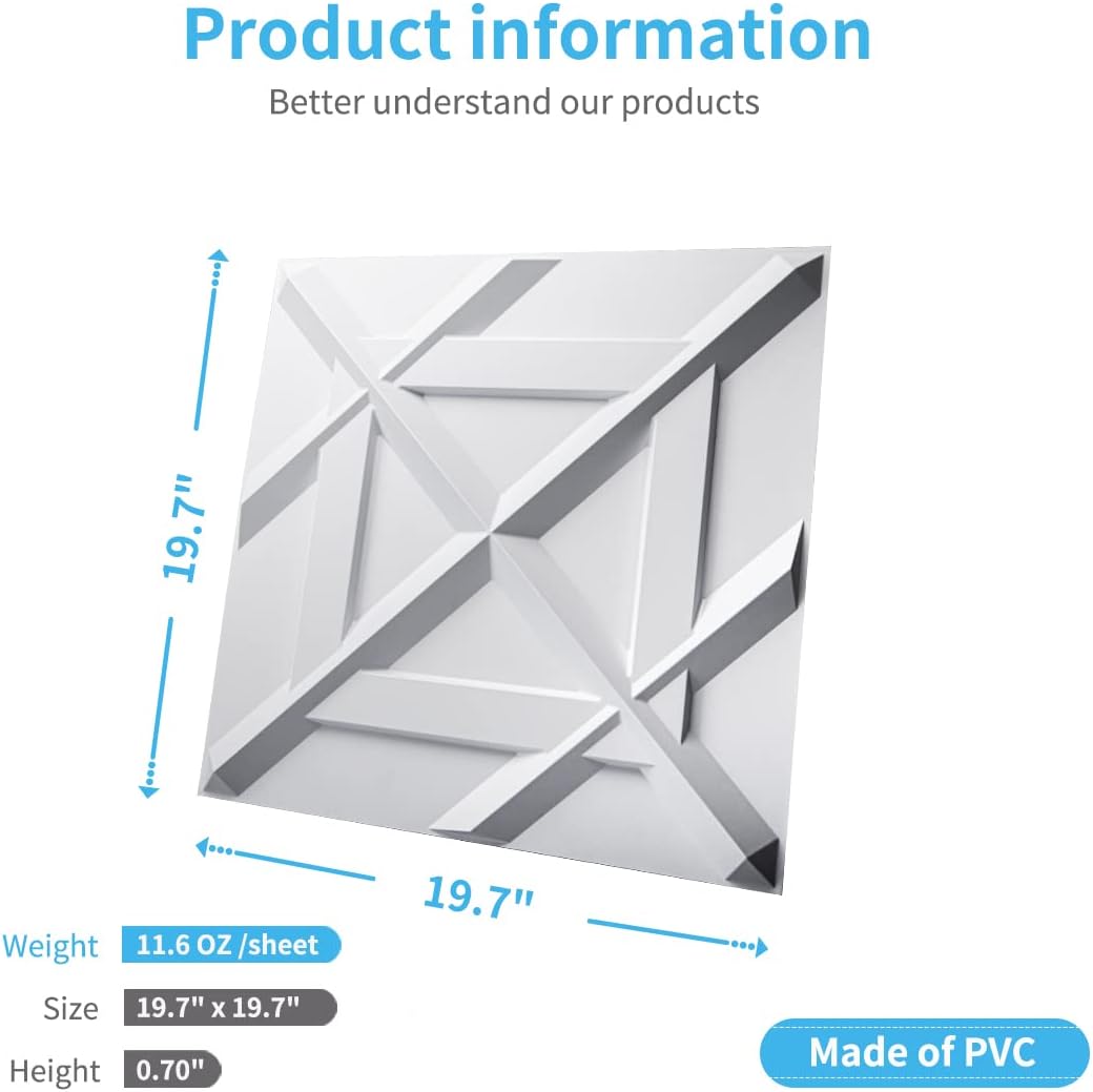 Art3d Decorativ PVC Glue-Up 3D Wall Panel, 19.7 x 19.7 in, 12-Pack, White | Waterproof, Scratch Resistant, Wall &