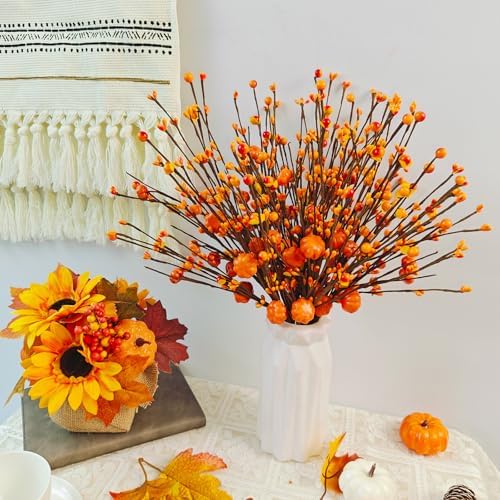 Artificial Fall Floral Stems for Vases,15.75 In Fall Pumpkin Decor Autumn Pumpkin Branches Picks with Berry Stems Decor for Autumn Harvest Thanksgiving Day Home Table Floral Arrangements Vase Filler