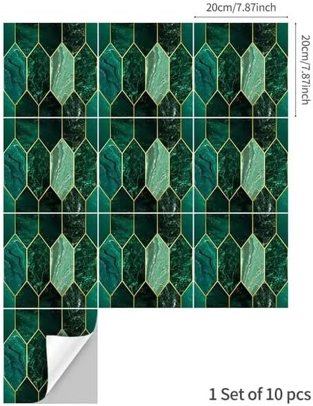 Gilding Marble PVC Adhesive Tile Peel and Stick Thick / 7.87 x 7.87 / Green / Set of 10