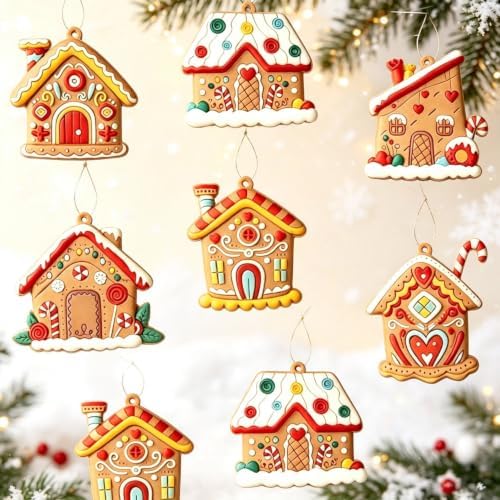 6Pcs Gingerbread House Ornament, Christmas Tree Ornament Rustic Farmhouse Gingerbread House Decor House Pendants for Holiday Party Favor