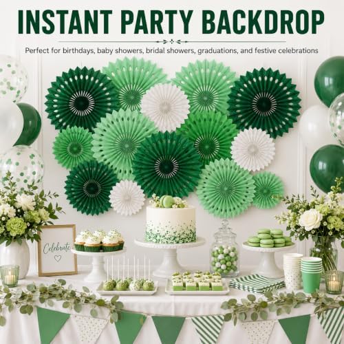 Green White Party Decoration Hanging Honeycomb Round Paper Fans Kit for Theme Birthday Baby Shower Summer Forest Patrick's Irish Backdrop Party Supplies 11 Count
