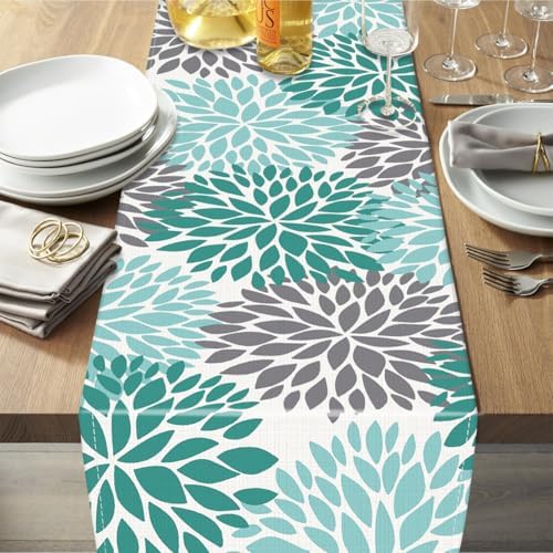 Niviy Green Table Runner 108 inches Long Dahlia Pinnata Flower Pattern Spring Summer Seasonal Kitchen Dining Green Table Decoration for Indoor Outdoor Home Party Decor (13 x 108 inch)