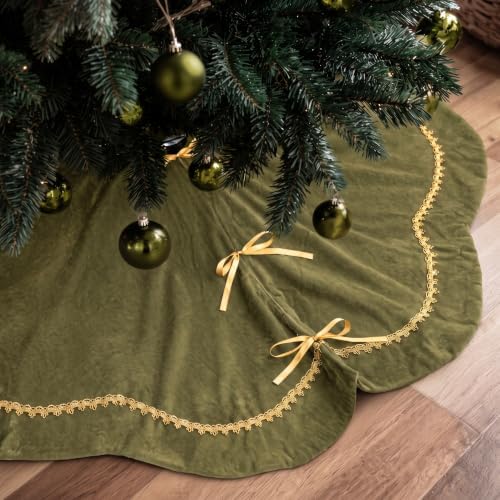 Arrowbash Olive Green 48 Inch Christmas Tree Skirt Velvet Scallop Ddge