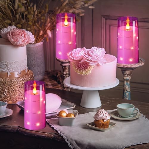 NURADA 3"x6"Flickering Flameless Candles: Built-in Star String Lights 3D Wick Battery Operated LED Pillar Candles with Remote and Timer for Table Wedding Centerpieces Party - 2 Pack Purple
