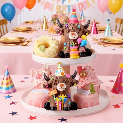 Karenhi 2 Pcs Highland Cow Figurines Resin Birthday Cake Topper Decor