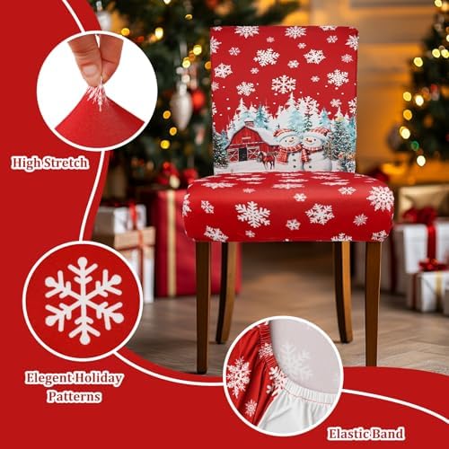 Christmas Chair Covers Set of 4 Snowman Red Truck Dining Chair Seat Cover Stretch Removable Xmas Chair Slipcover Protector for Xmas Dining Room Kitchen Home Decor