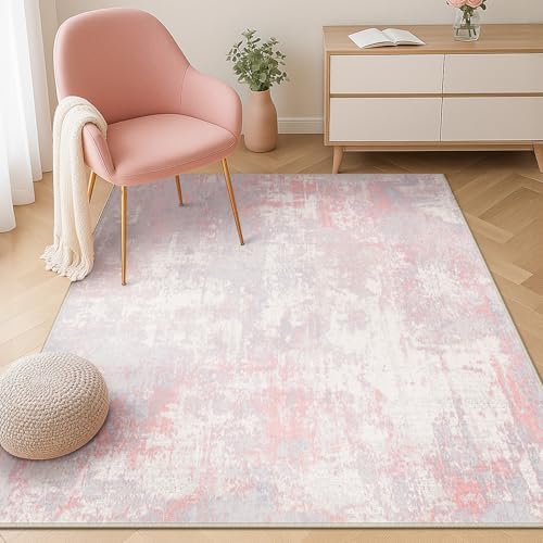 RELEANY Washable 4'x6' Abstract Area Rug for Living Room Gray Pink