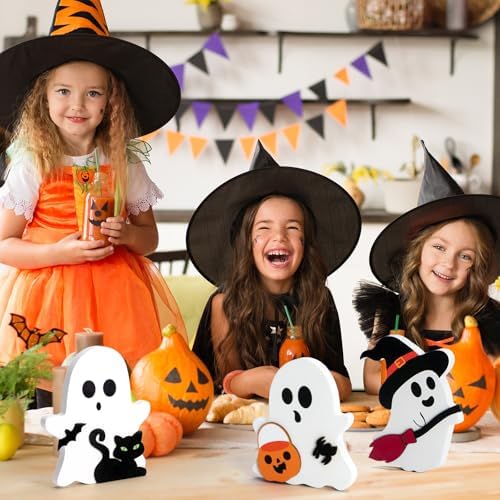 3 Pcs Halloween Ghost Decor - Cute Ghost Decorations Indoor, Wooden Tiered Tray Decor Table Sign Set, Halloween Table Decor Witch Broom Pumpkin Bat Blocks for Party Home Shelf Display