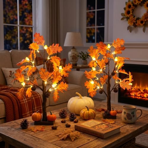 hogardeck Fall Decorations for Home, 2 Pcs 24”2FT Lighted Acorn Leaves Tree Fall Decor with Warm White LEDs, 6 Acorn
