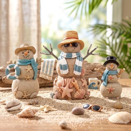 Suzile 3 Pcs Coastal Blue Snowman Wooden Decorations, Winter Decor