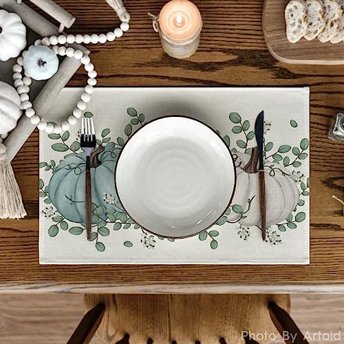 Artoid Mode Pumpkins Eucalyptus Leaves Fall Placemats Set of 4, 12x18 Inch Autumn Thanksgiving Holiday Table Mats for Party Kitchen Dining Decoration