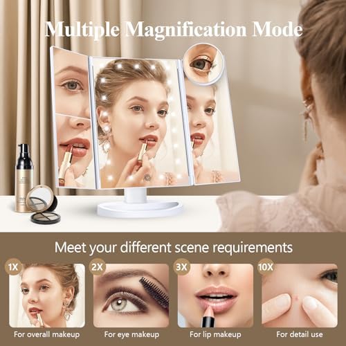 HUONUL 2X/3X/10X Magnifying Vanity Mirror with Light, Trifold Makeup Mirror