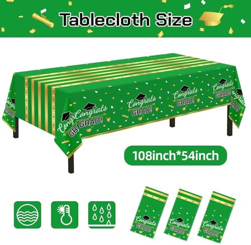 Childom 3 Pack Graduation Tablecloth,Graduation Decorations 2026 Graduation Party Decorations,54"x108" Green and Gold Graduation Decorations,Plastic Table Cloth Disposable Rectangle for Party Supplies