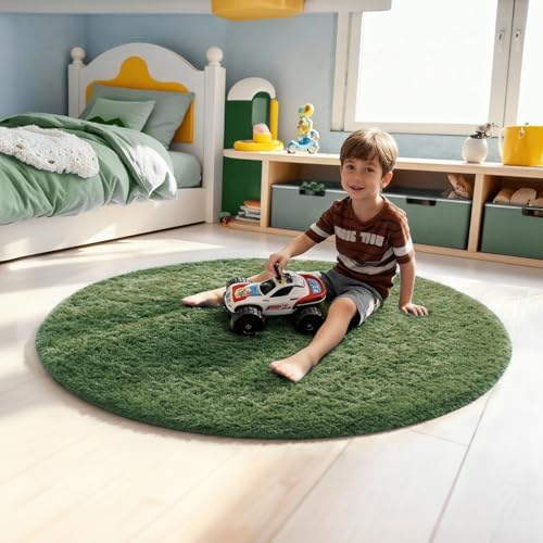 Ophanie Round Rug 4Ft Grey Green Circle Area Rug, Grayish Green Room Decor, Fluffy Fuzzy Bedroom Carpet, Plush Soft