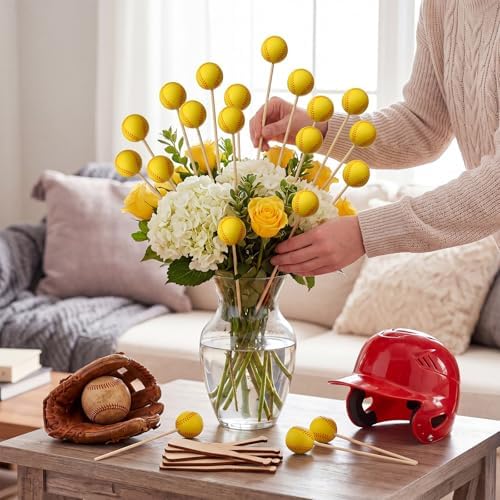 Soulchen 24 Pcs Softball Centerpiece Sticks Set 1.57inches Softball Balls with 7.87inches Sticks for Softballs Themed Party Decorations Sports Banquet Table Centerpieces Team Event Decor