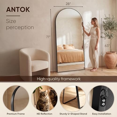 Antok 71" x28” Arched Full Length Mirror, Floor Mirror with Stand,Black