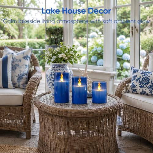Homemory Blue Flameless LED Pillar Candles with Remote Timer, Set of 3
