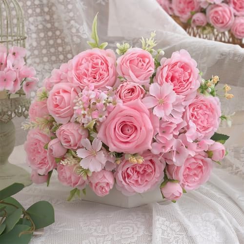 4 Pcs Mixed Artificial Peony Flowers Set-2 Bouquets & 2 Stems, Pink Fake Peony Rose Hydrangea Flowers for Vase Silk Floral Arrangements for Table Centerpiece Wedding Party Bridal Decoration Home Decor