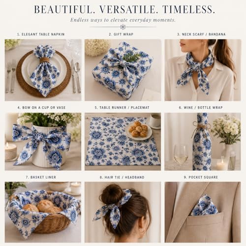 Taran Living Set of 12 Blue Cloth Napkin, Floral Print on 100% Cotton, Absorbent Napkin for Everyday Dining, Guest Dinners, 18X18 inch, Soft and Washable.