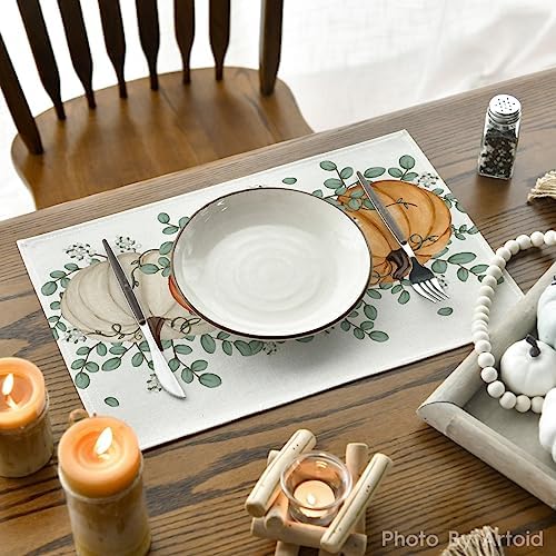 Artoid Mode Orange Pumpkins Eucalyptus Leaves Fall Placemats Set of 4, 12x18 Inch Autumn Thanksgiving Holiday Table Mats for Party Kitchen Dining Decor