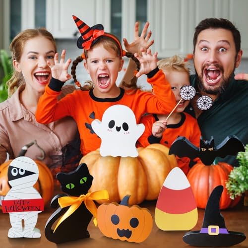Cute Halloween Decorations Indoor: 7PCS Wooden Tiered Tray Decor Table Sign - Pumpkin Ghost Bat Black Cat Mummy Witch Hat Candy Corn Freestanding Signs for Party Home Mantel Shelf Display