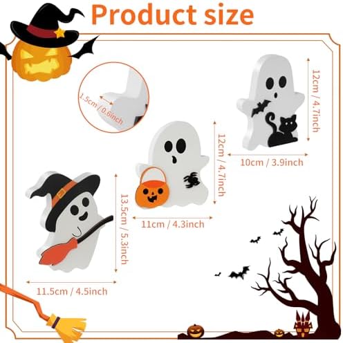 3 Pcs Halloween Decorations Indoor, Cute Ghost Halloween Tabletop Decor, Wooden Tiered Tray Decor, Black Cat, Bat, Witch Broom Signs for Party Home Shelf Display