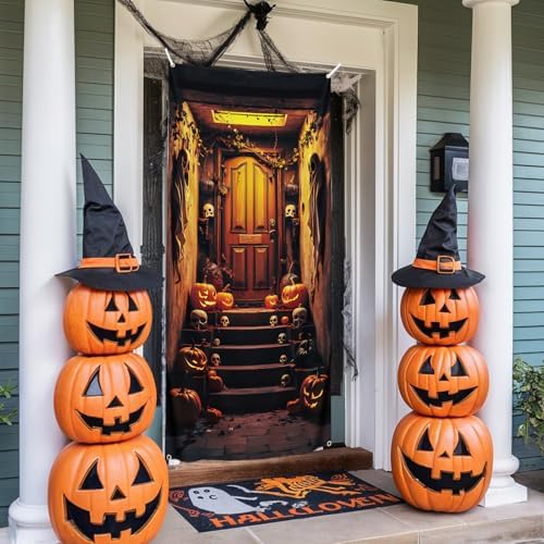 Halloween Decorations, Halloween Door Banner, Basement Stair Door Cover, Spooky Doorway Midnight Backdrop Banner Decorations, Large Fabric Background for Holiday Party 185 x 90 cm