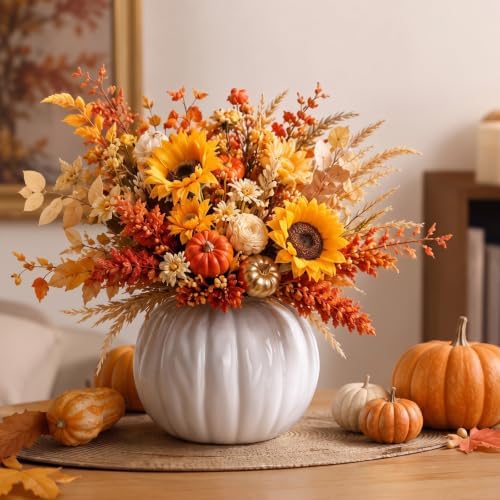 FoldTier White Pumpkin Fall Flower Vase 5.5" Ceramic Pumpkin Flower Pot