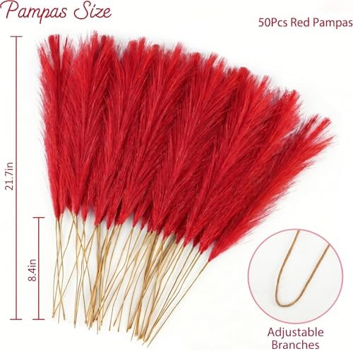 obbsie 50PCS Red Faux Pampas Grass Decor, 21.6" Fluffy Vase Filler