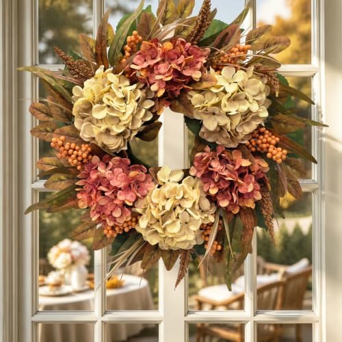 26 Inch Fall Hydrangea Wreath for Front Door, Thanksgiving Harvest Decor