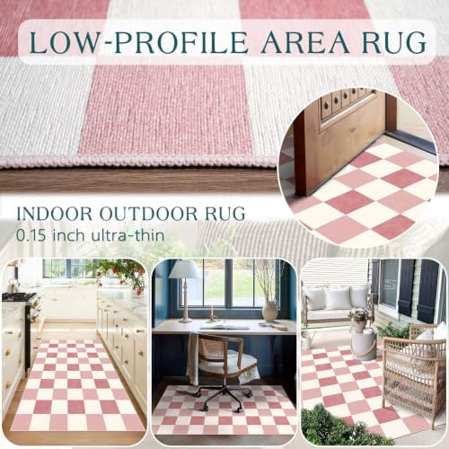 Pink White Checkered Entry Rug - 3x5 Non-Slip Indoor Outdoor Rugs