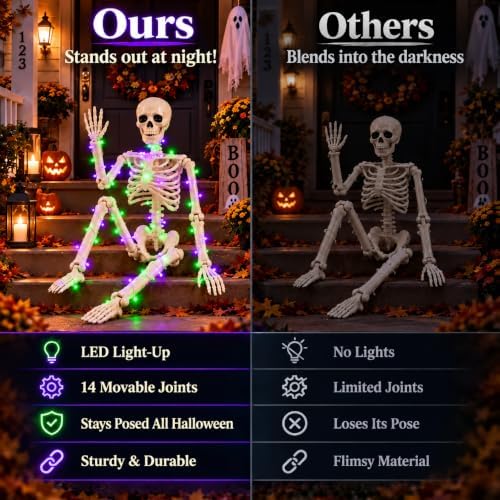 3FT Posable Skeleton Halloween Decor: LED String Lights for Yard & Porch