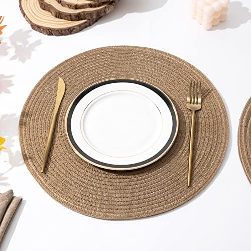 SHACOS Round Braided Placemats Set of 6 Washable Cotton Polyester 15 inch Round Table Place Mat for Dining Table (Brown, 6)