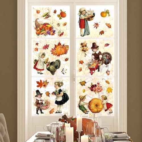 Whaline 6 Sheet Vintage Thanksgiving Window Clings Retro Fall Farmhouse Reusable Window Decals for Autumn Thanksgiving Home School Office Party Supplies Gifts