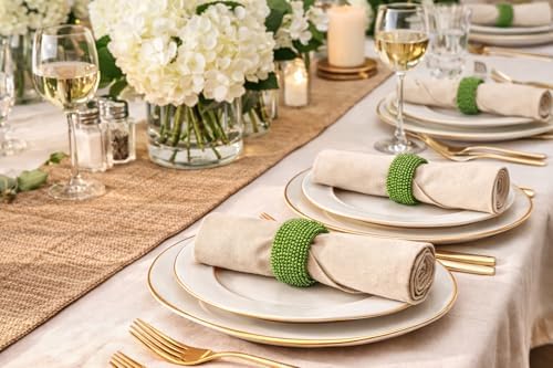 Green Beaded Napkin Rings Set of 6 – Luxury Decorative Napkin Holders for Dining Table, Wedding, Party & Festive Table Decor – Elegant Handmade Bead Design, Durable & Reusable