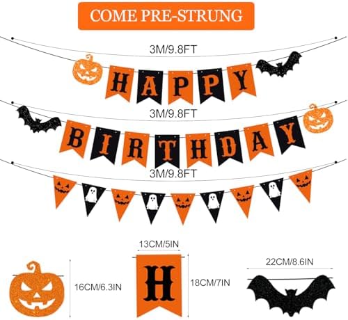 PTFNY Halloween Birthday Banner with Pumpkin and Bat Signs - Black & Orange Themed Party Decor for Wall & Fireplace