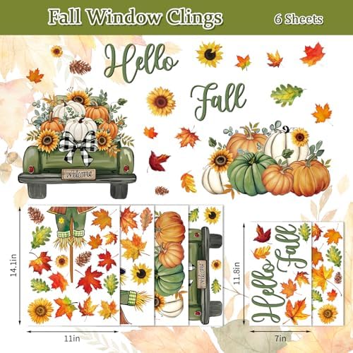 Whaline 6 Sheets Hello Fall Window Clings Green-Orange Scarecrow Maple Leaves Pumpkin Truck Reusable Window Decals for Autumn Harvest Thanksgiving Home Office School Decor