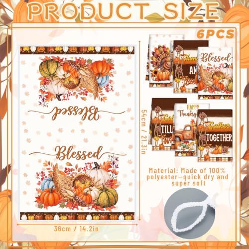 Redbaker 6 Pcs Thanksgiving Kitchen Towels, Turkey Pumpkin Funny Dish Towel, Fall Absorbent Farmhouse Decorative Fast Drying Tea Dishcloth with Hanging Loop for Kitchen Bathroom Home Housewarming Gift