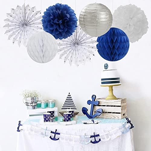 Navy-Blue White Silver Party Decorations - 14pcs Kits Paper Lanterns Fan,Tissue Flower Pom Poms Streamers,Honeycomb Balls,Graduation 2026 Men Birthday Wedding Baby Bridal Shower Decor Lasting Surprise