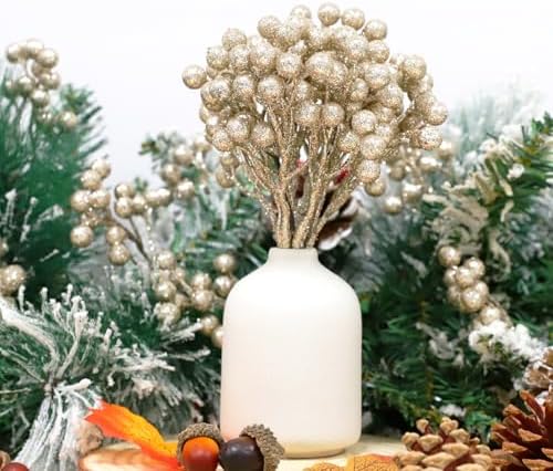 Fangoo 20 Pack 7 Inch Artificial Champagne Gold Berry Stems Christmas Champagne Gold Berries Picks Holly Berry Branches for Christmas Tree Ornaments DIY Crafts Wedding Holiday Season Winter Home Decor