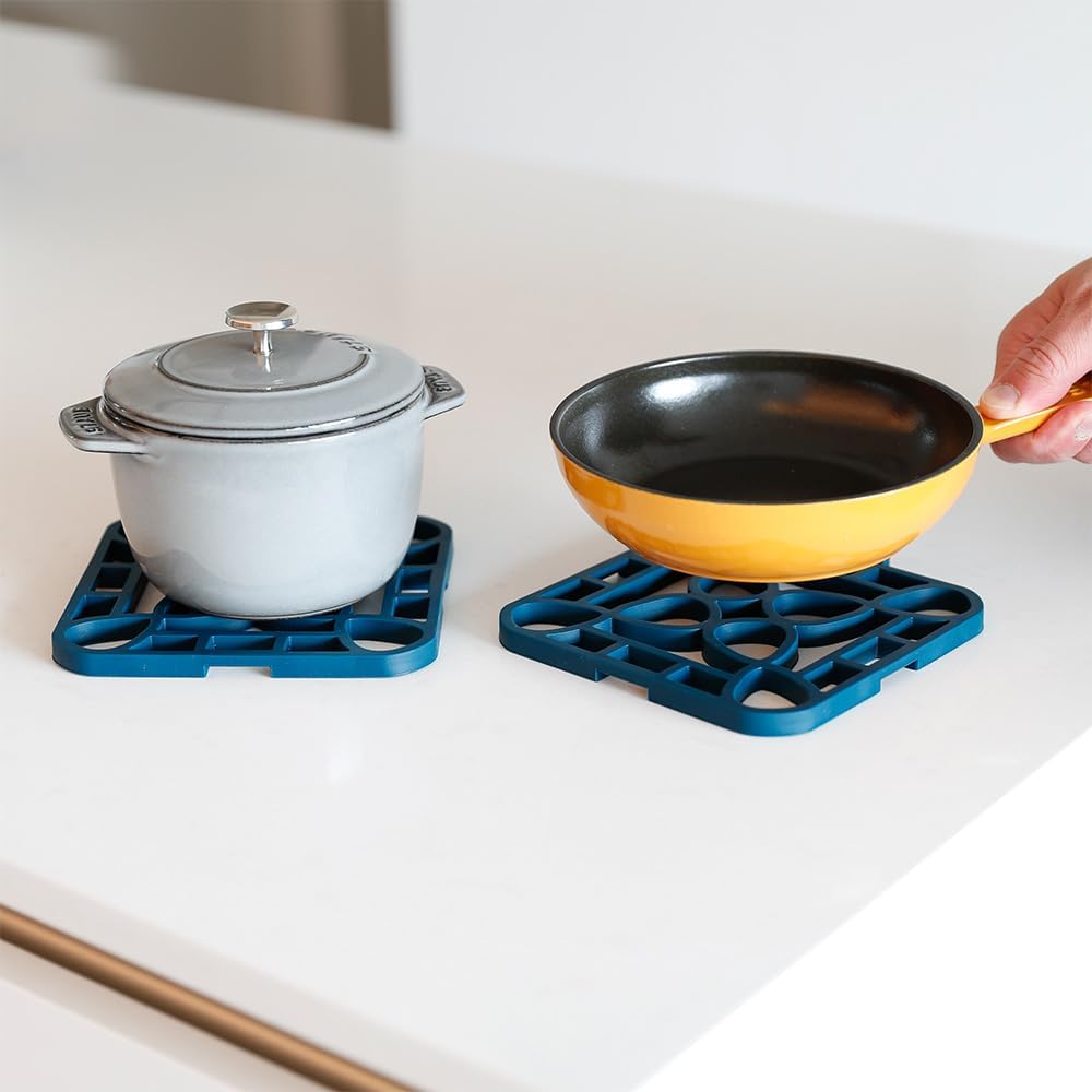 4-Pack Trivets for Hot Dishes - Blue Interlocking Hot Pads for Kitchen, Coffee Bar Essentials, Silicone Mats for