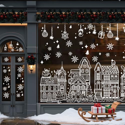 AhfuLife Large Christmas Window Clings Decorations, 27 x 15 in, 4 Sheets Double Side Xmas Snowflake White House Window Decals Stickers for Home Party Indoor Shop Decorations