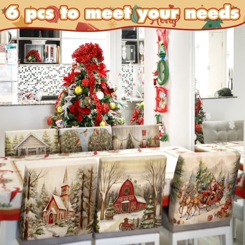 Moukeren 6 Pcs Christmas Chair Cover Set Stretch Dining Chair Back Covers Christmas Nutcracker Red Truck Slipcovers Farmhouse Removable Elastic Seat Protector for Xmas Party Dining Home Kitchen Decor