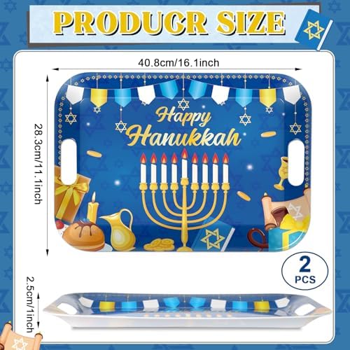 gisgfim 2Pcs Happy Hanukkah Serving Trays with Handles 16 x 11 Inch Large Melamine Tray Rectangular Jewish Chanukah Serving Platter Menorah Blue White Tray Melamine Dishes for Serving Dinner Dessert