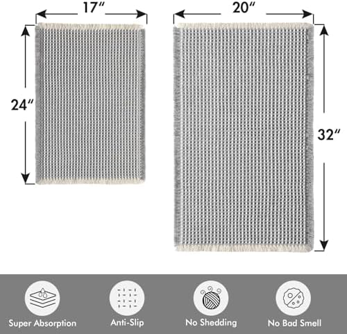 MIULEE Set of 2 Waffle Bathroom Rugs LightGrey&Cream 17"x24"+20"x32"