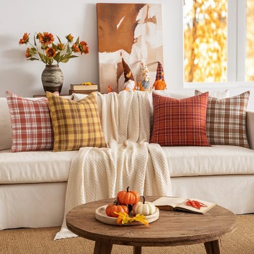 MIULEE Fall Plaid Pillow Covers Scottish Tartan 16x16 Burnt Orange