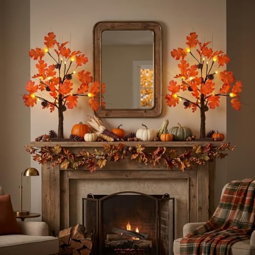 hogardeck Fall Decorations for Home, 2 Pcs 24”2FT Lighted Acorn Leaves Tree Fall Decor with Warm White LEDs, 6 Acorn